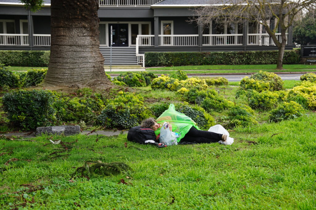 Sleeping woman at Graceada Park Modesto, 2024